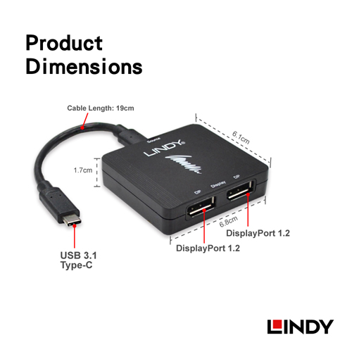 LINDY林帝 USB TYPE-C公 To 雙DISPLAYPORT母 MST轉接器