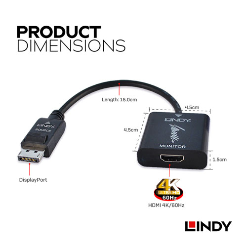 LINDY林帝 主動式 DisplayPort to HDMI 4K/60Hz轉接器 