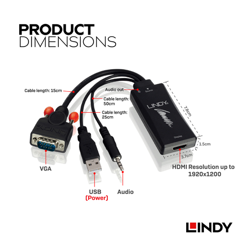 LINDY林帝 VGA +音源公 To HDMI母 1080P轉接器