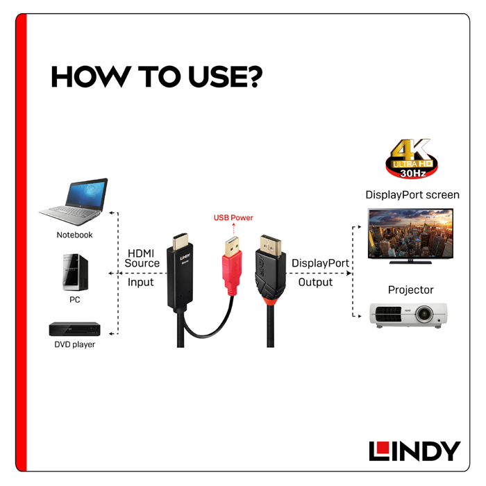 LINDY林帝 主動式HDMI1.4 To DISPLAYPORT1.2 轉接線帶USB電源 1M