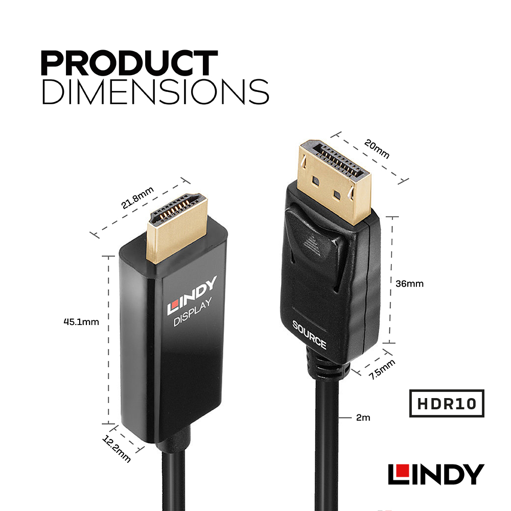 LINDY林帝 主動式 DISPLAYPORT公 TO HDMI公 HDR轉接線 2M