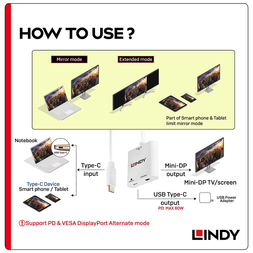 LINDY林帝 主動式 USB3.1 TYPE-C公 To MiniDP母 轉接器帶PD功能