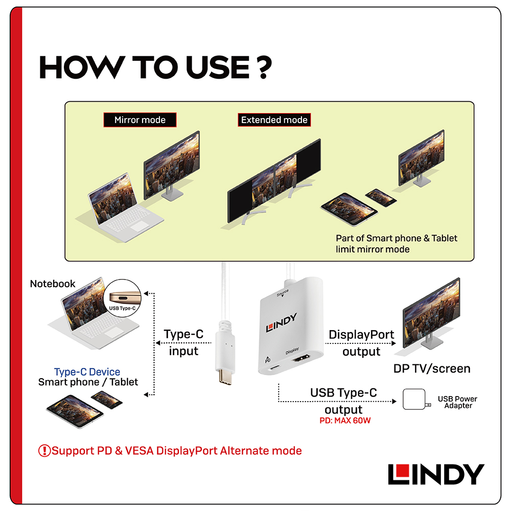 LINDY 主動式 USB3.1TYPE-C To HDMI2.0 4K/60HZ 轉接器帶PD功能