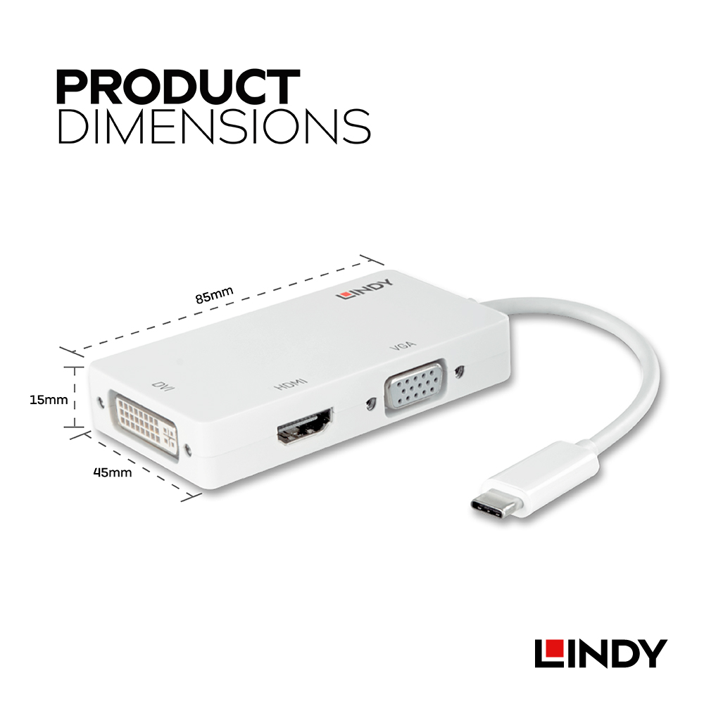 LINDY林帝 主動式 USB3.1 TYPE-C To HDMI/DVI/VGA 轉接器
