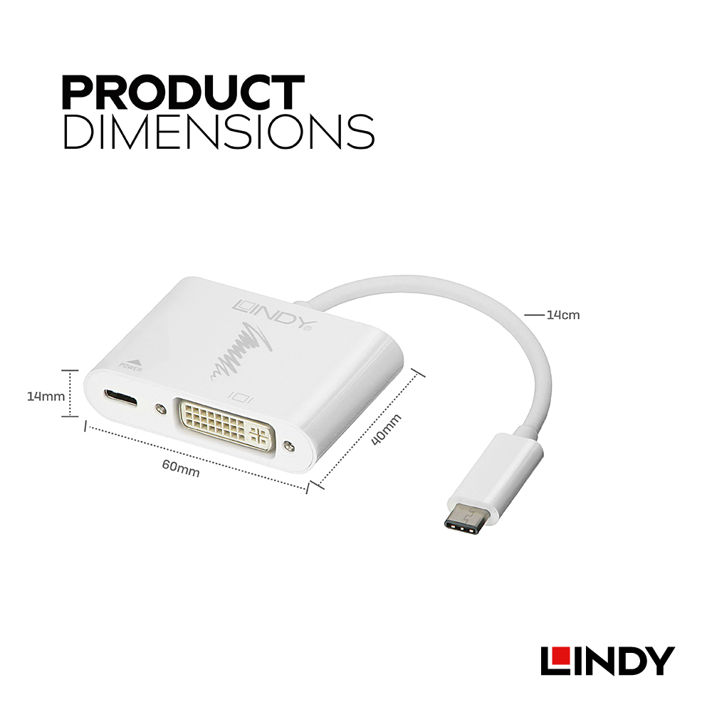 LINDY林帝 主動式 USB3.1 TYPE-C公 To DVI母 轉接器帶PD功能