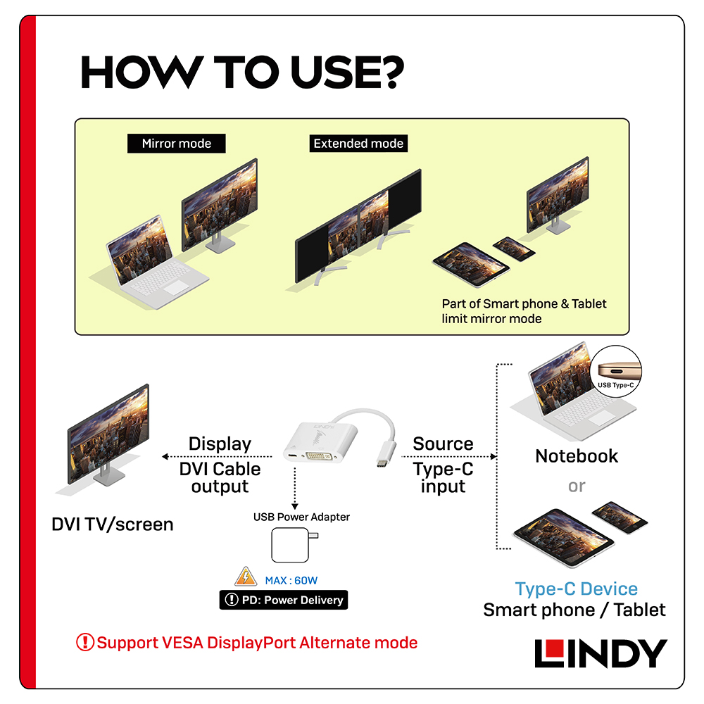 LINDY林帝 主動式 USB3.1 TYPE-C公 To DVI母 轉接器帶PD功能