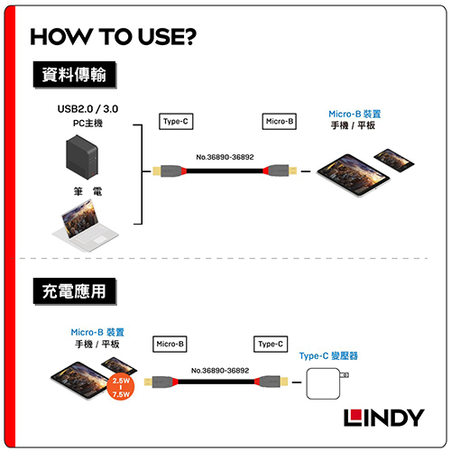 LINDY林帝 USB2.0 TYPE-C/公 TO MICRO-B/公 傳輸線, 0.5M