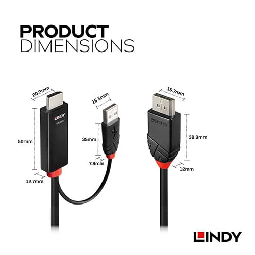 LINDY林帝 主動式HDMI2.0 TO DISPLAYPORT1.2 帶USB電源轉接線, 2M