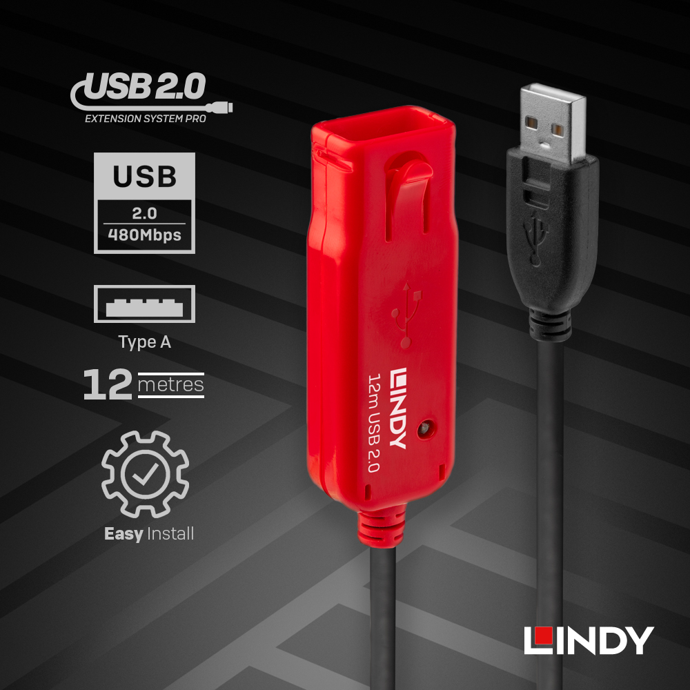 LINDY林帝 主動式 USB2.0 TYPE-A公 To A母 延長線 12M
