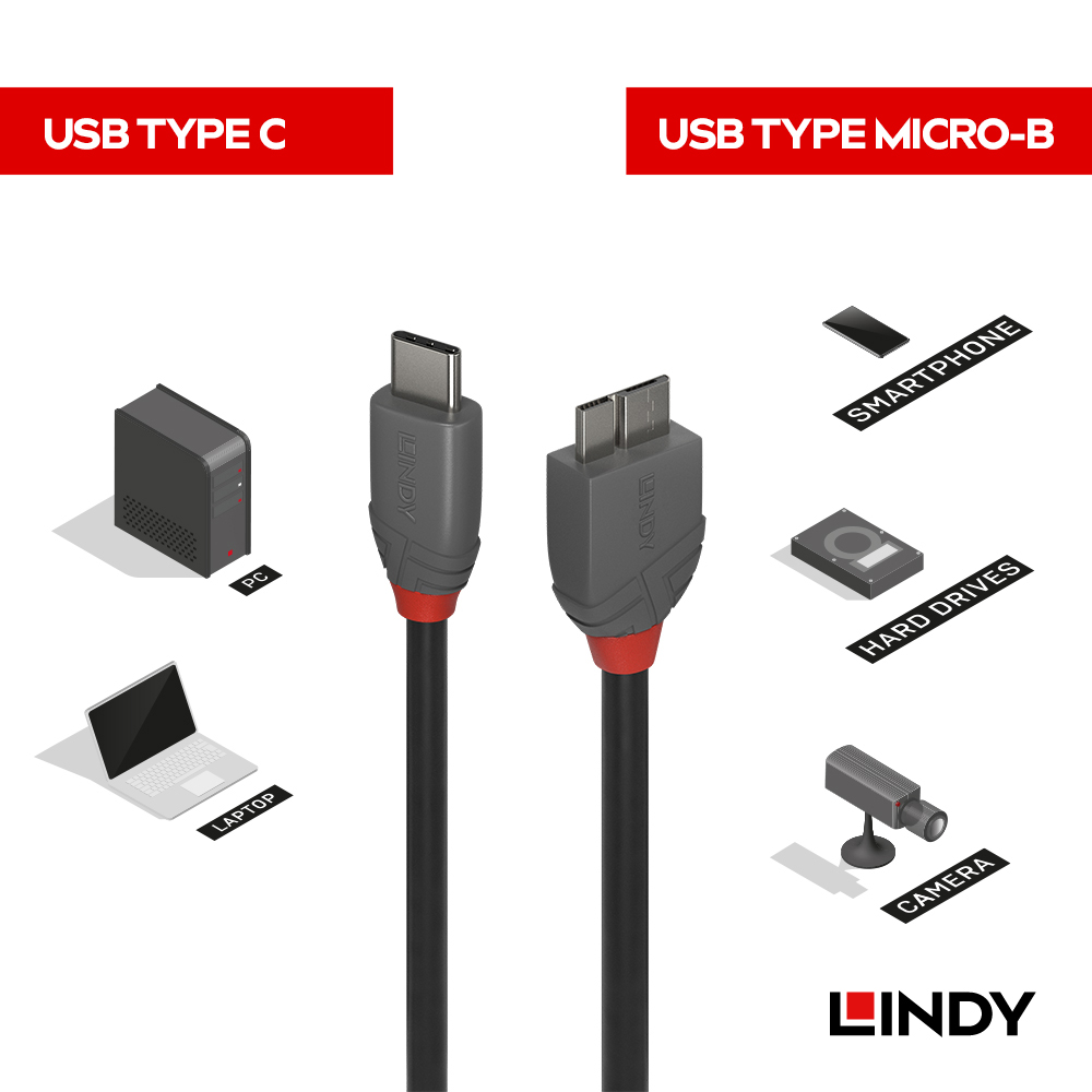 LINDY 林帝 ANTHRA系列 USB3.2 GEN1 C TO MICRO-B 傳輸線 1M