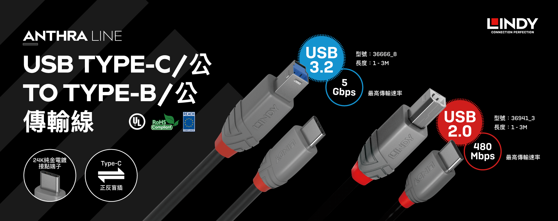 USB 2.0 B ⟺ C